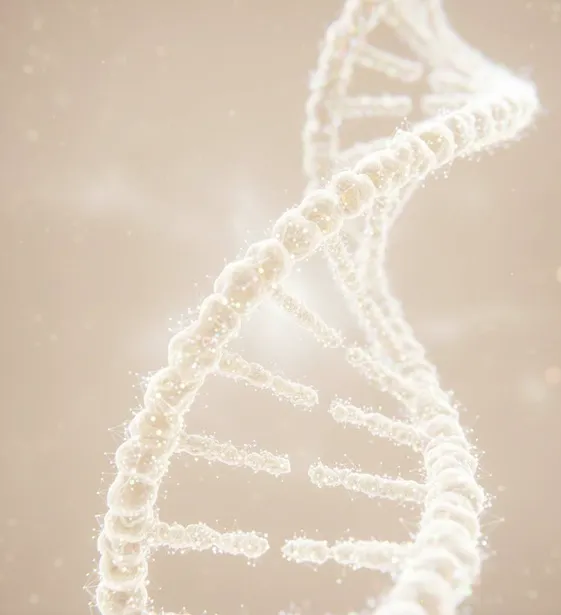 Weiße, leuchtende DNA-Doppelhelix vor hellbraunem Hintergrund.