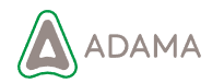 Logotipo de ADAMA con un triángulo delineado en verde y texto gris sobre un fondo blanco.