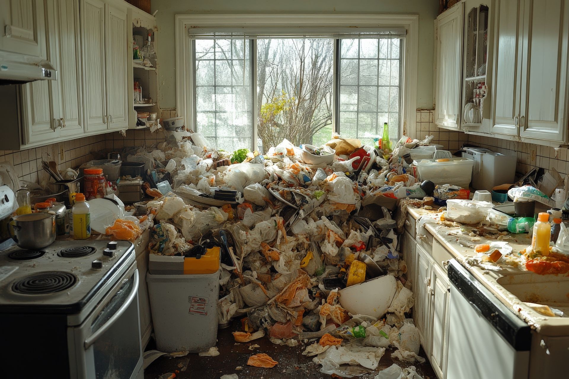 Une cuisine encombrée de déchets.
