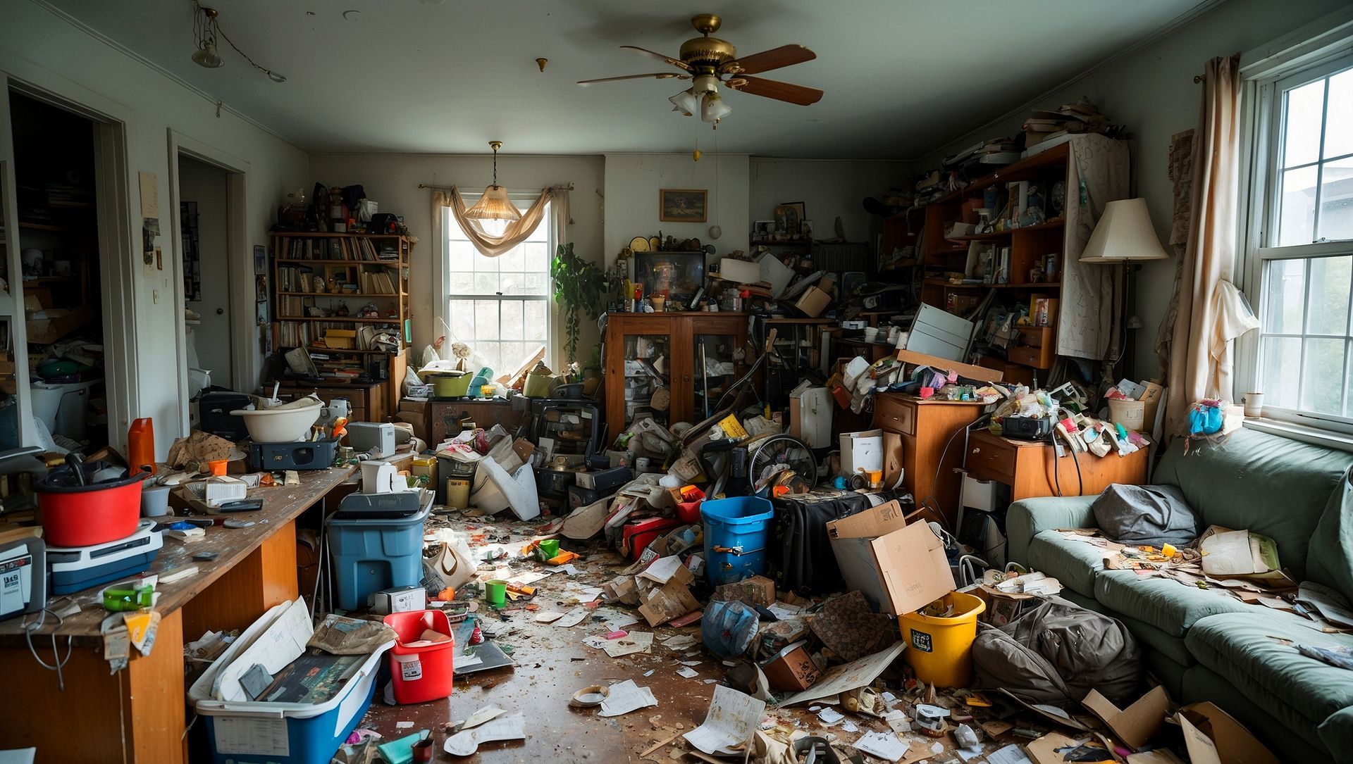 Un salon encombré de déchets en tout genre.