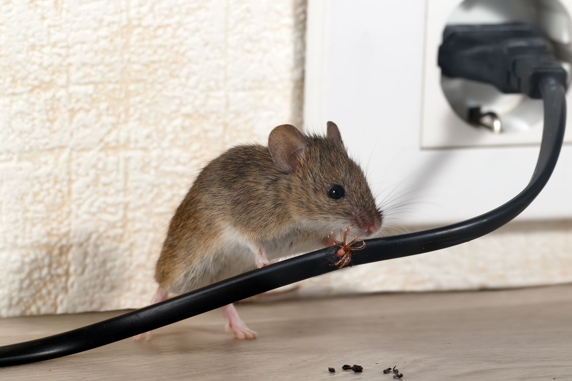 Une souris sur un fil électrique détérioré.