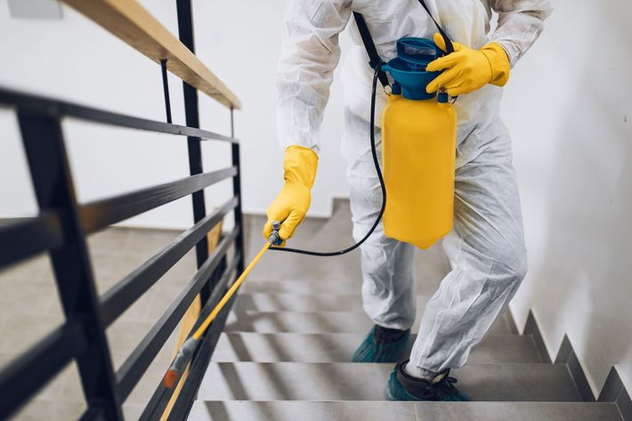 Un agent pulvérise un produit dans des escaliers.