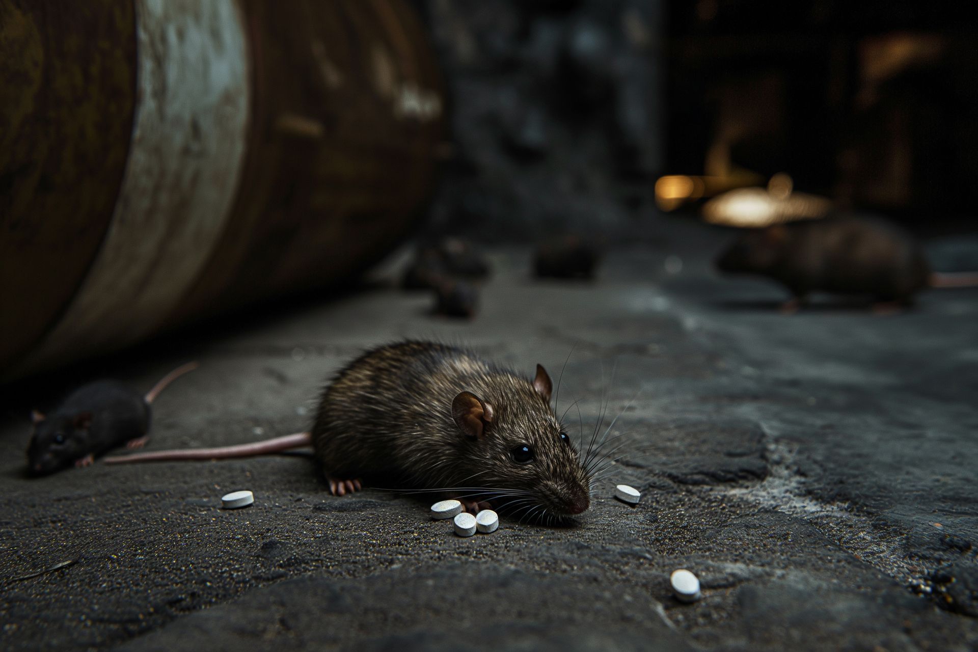 Rat sur le sol à côté de capsules blanches.