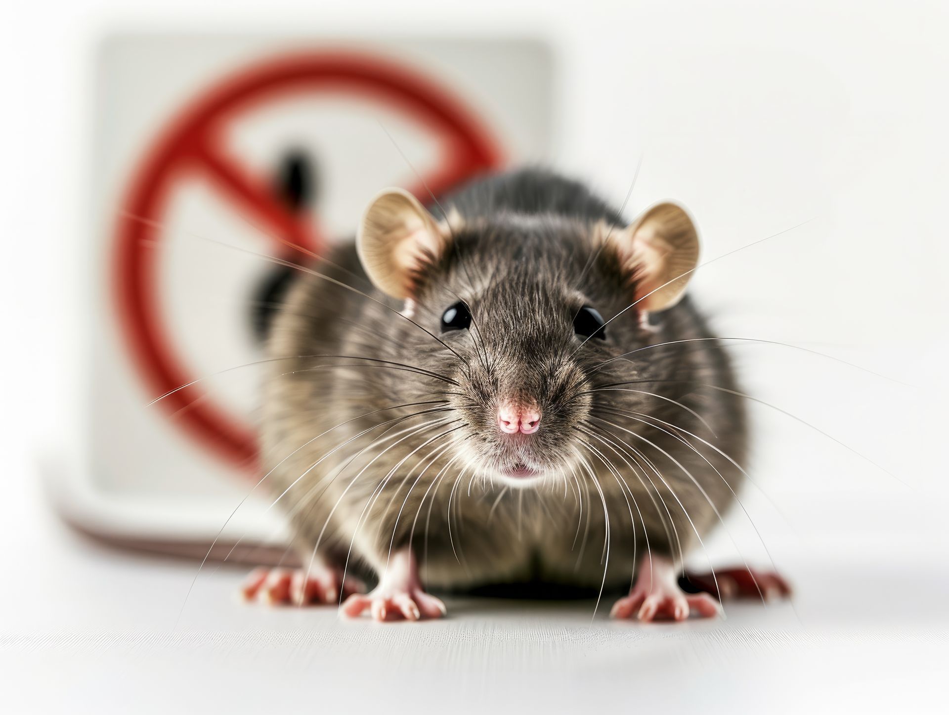 Gros plan d'un rat devant un panneau d'interdiction.