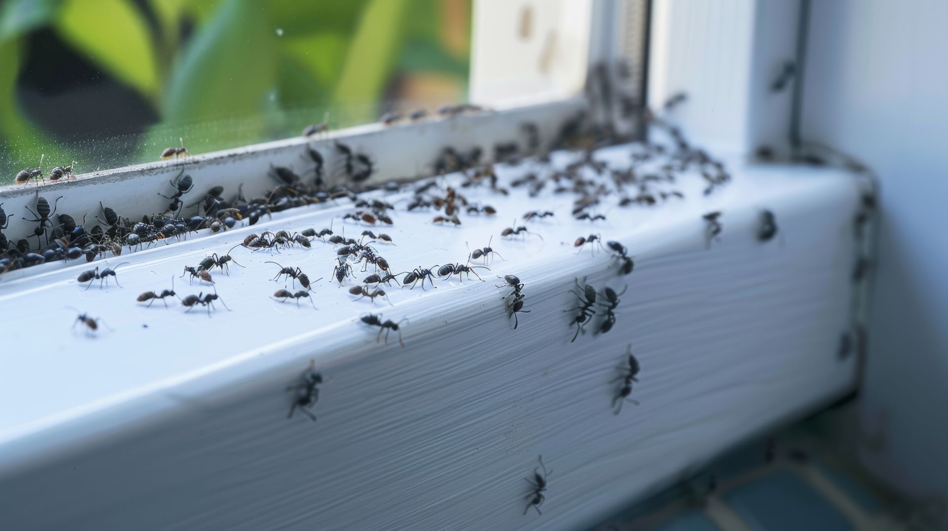 De nombreuses fourmis sur le rebord d'une fenêtre.