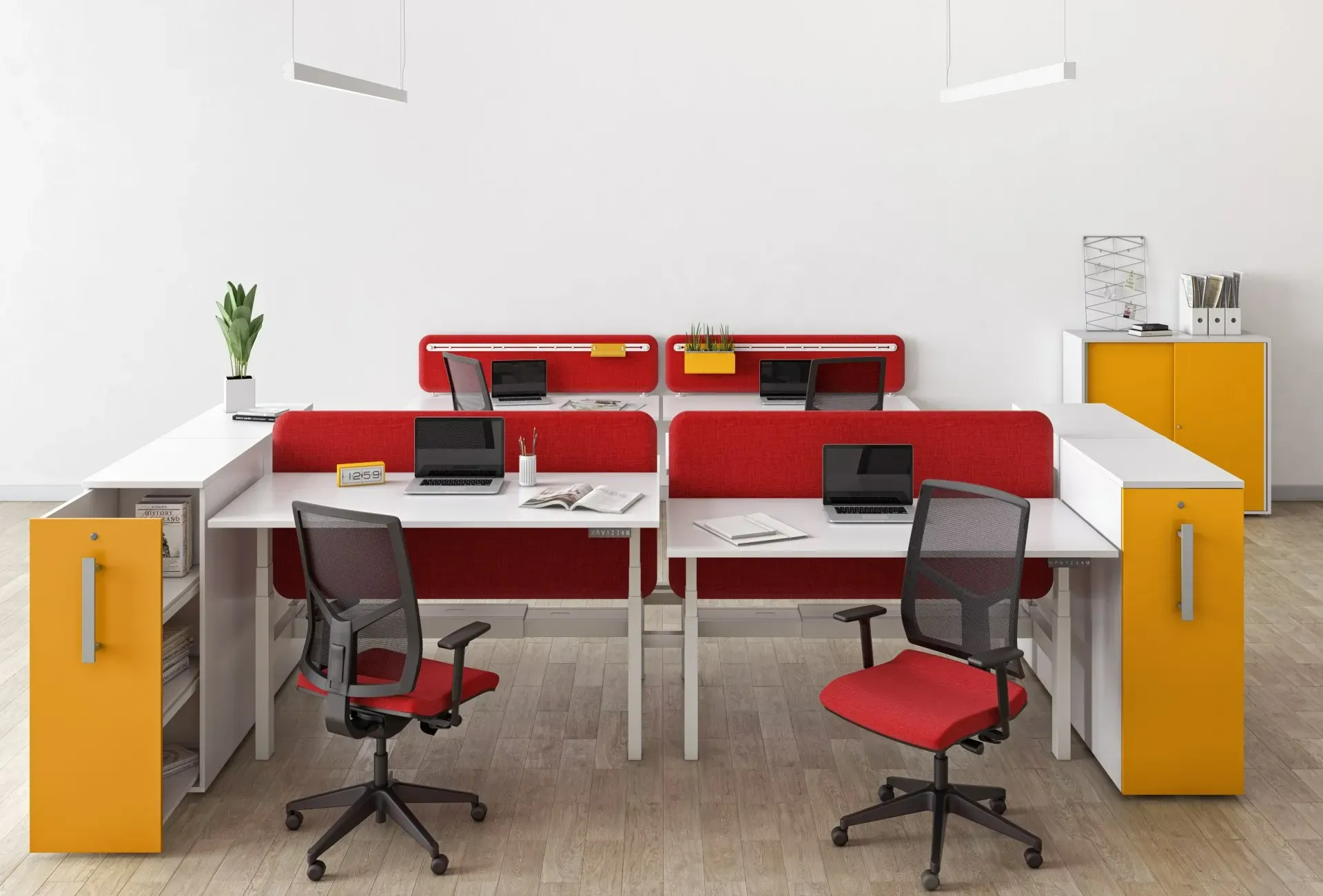 Image d'un bureau avec fauteuil rouge, mur rouge et gris