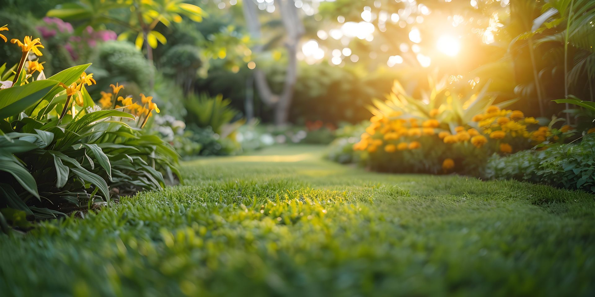 Camino de césped verde que conduce al follaje iluminado por el sol y las flores en un jardín.