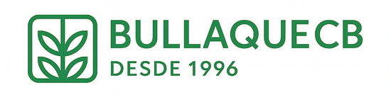 Logotipo verde con el texto "BULLAQUE CB" y "DESDE 1996". Una planta se encuentra dentro de un cuadrado verde.