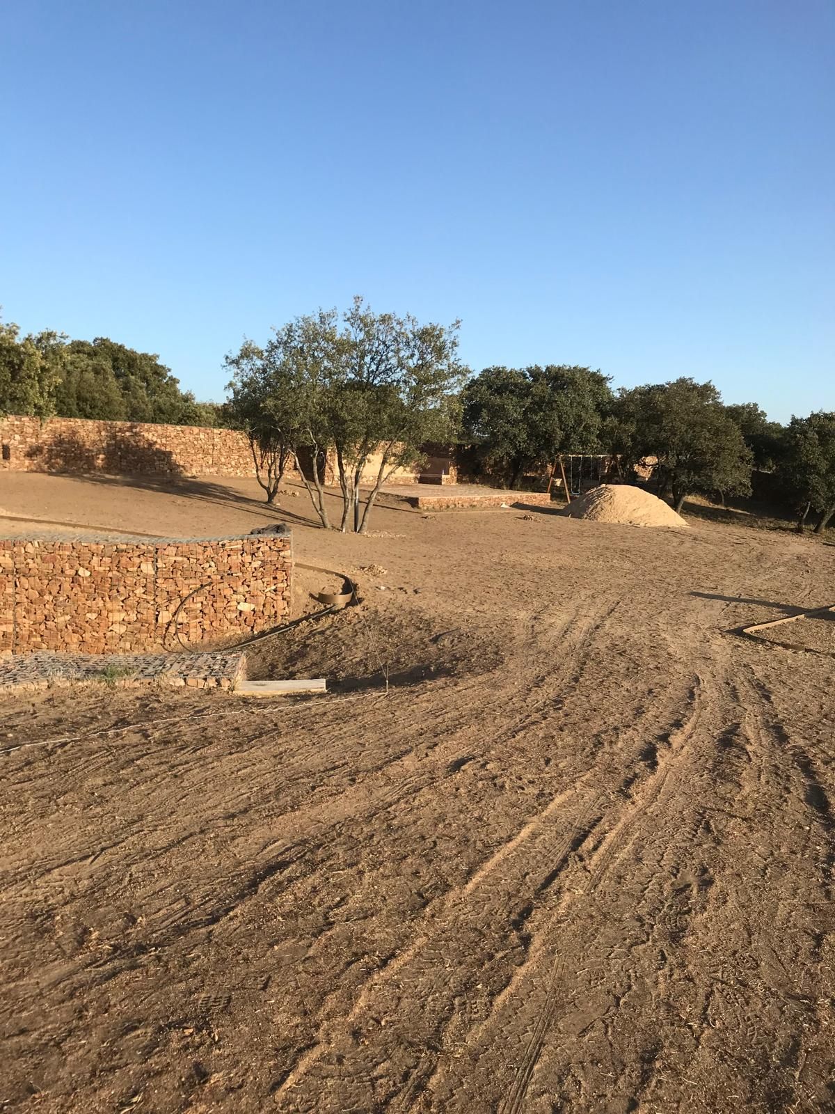 Paisaje marrón y tostado con árboles, paredes de roca y cielo azul claro.