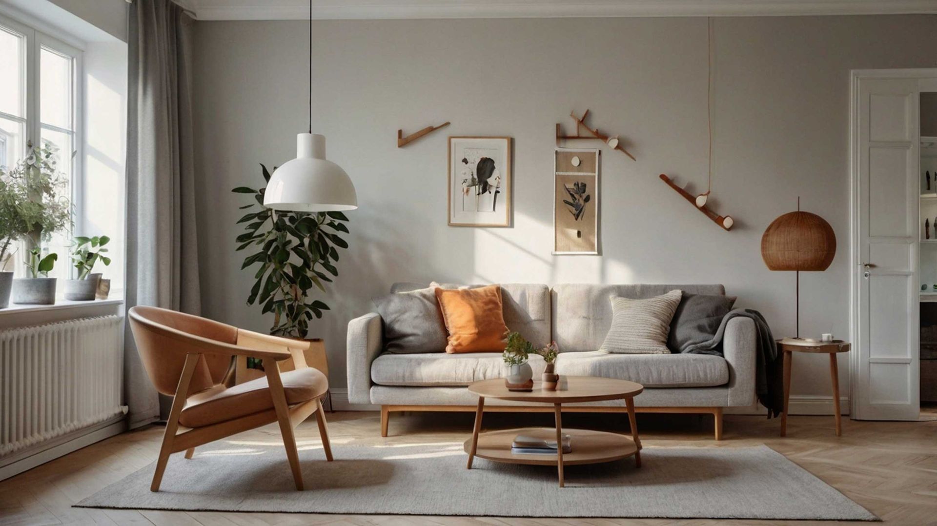 Una sala de estar con sofá, silla, mesa de café y ventana.