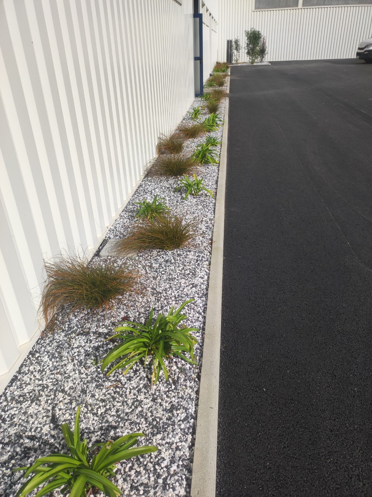 Aménagement d'un massif le long de la façade d'une entreprise