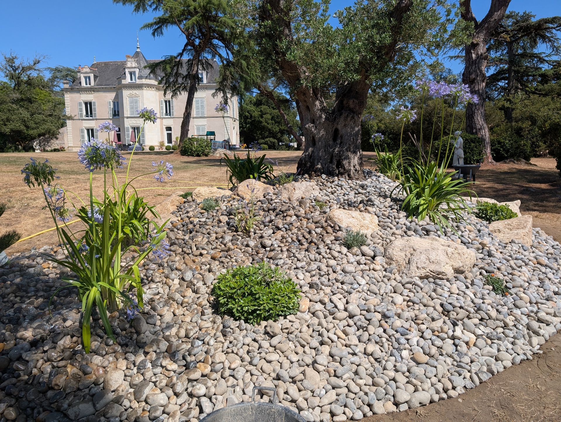 Création d'un massif arboré avec galet sur le terrain d'une grande demeure