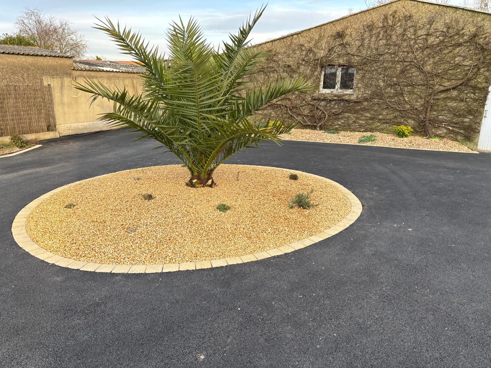 Création d'un rond point sur l'allée carrossable d'une maison, un palmier trône en son centre