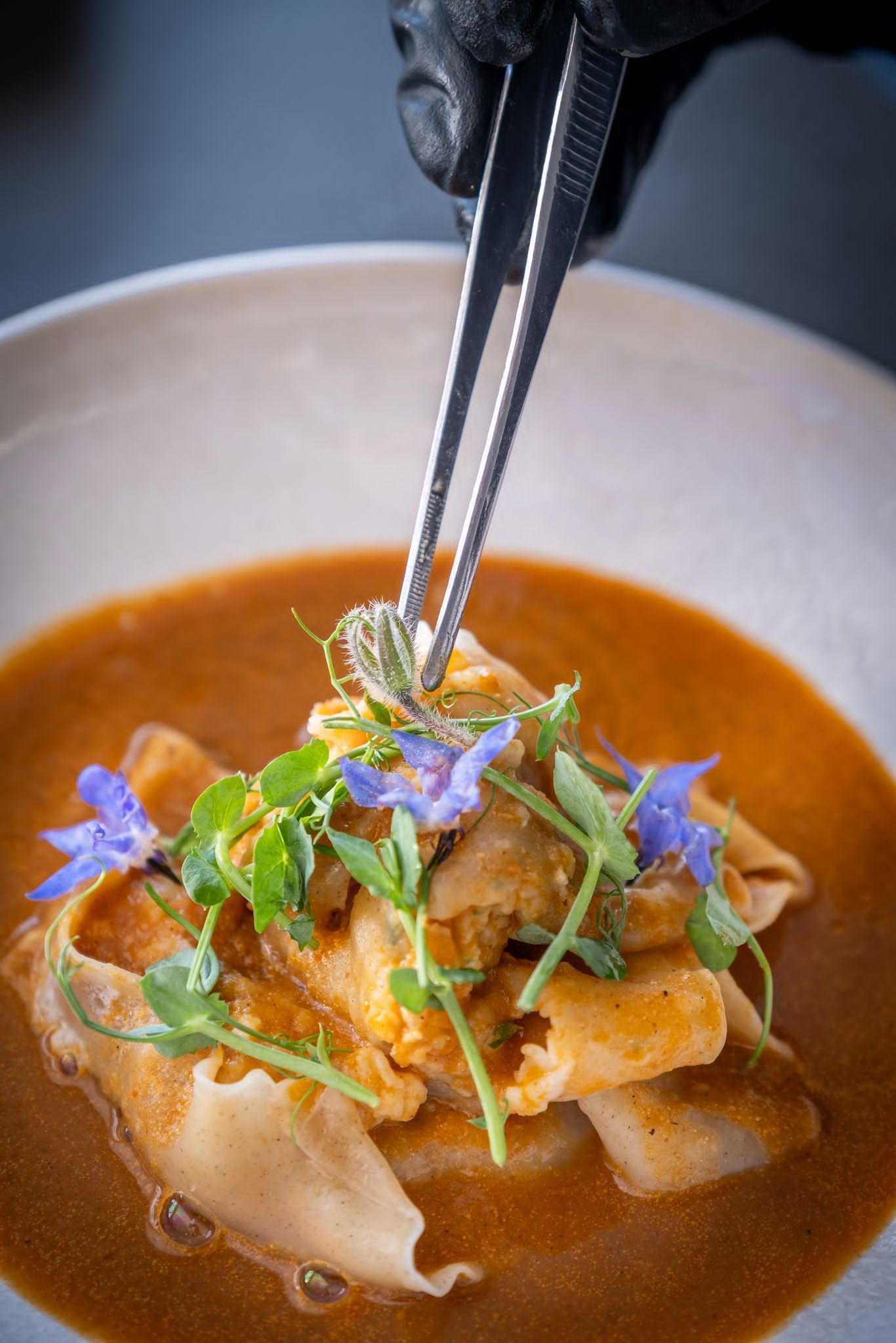 Plat gastronomique dressé dans une sauce brune, garni d'herbes et de fleurs, et soulevé à l'aide d'une pince à épiler.