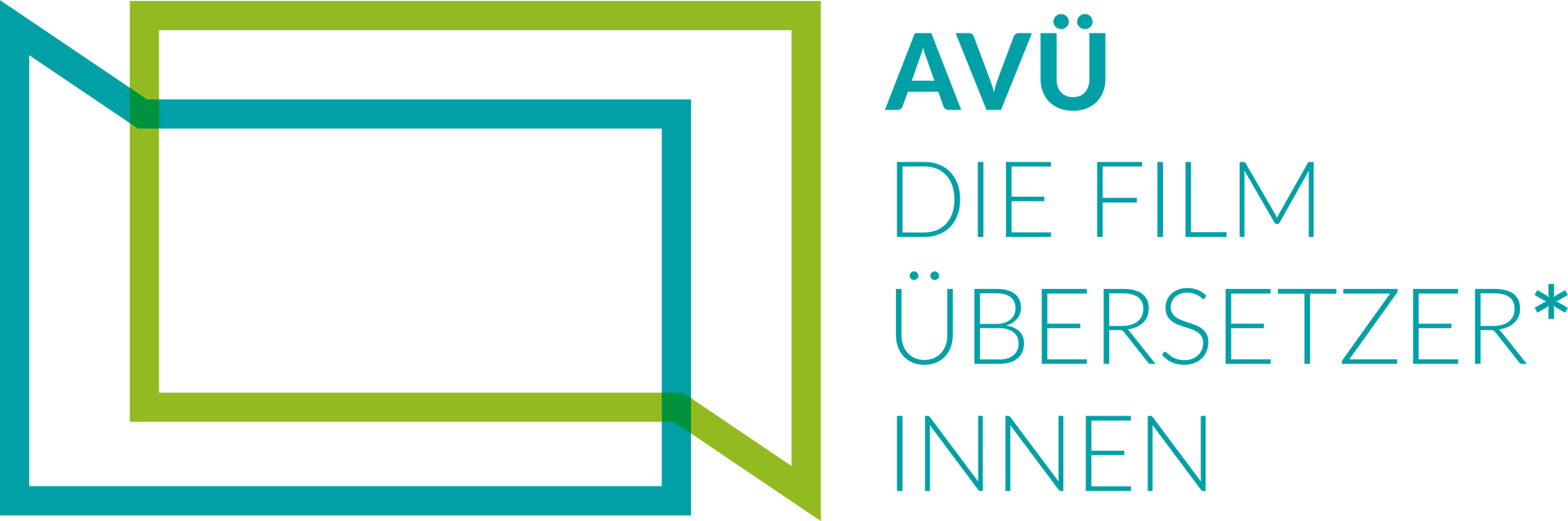 Logo für AVÜ, den Verband der Filmübersetzer. Mit grünen und blaugrünen Rahmen und blaugrünem Text auf der rechten Seite.