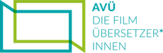 Logo für AVÜ, den Verband der Filmübersetzer. Mit grünen und blaugrünen Rahmen und blaugrünem Text auf der rechten Seite.