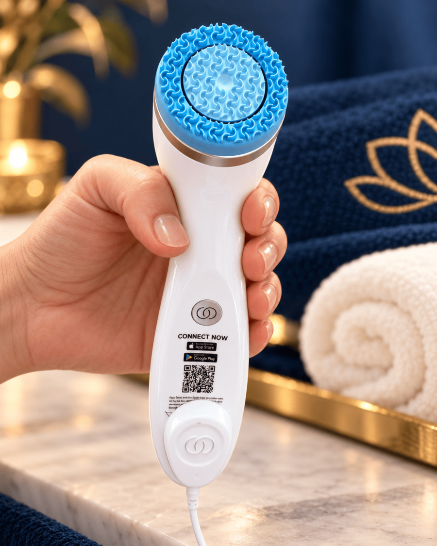 Mano sosteniendo un cepillo facial limpiador blanco con un cabezal de cerdas azules sobre la encimera del baño