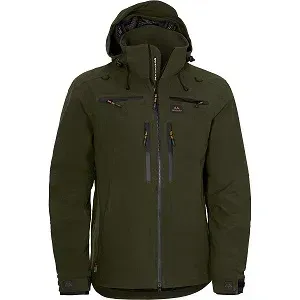 Chaqueta verde de exterior con capucha, múltiples bolsillos y cremallera.