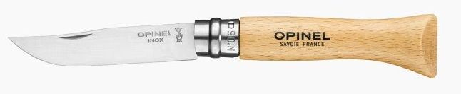 Navaja plegable Opinel con mango de madera y hoja extendida.