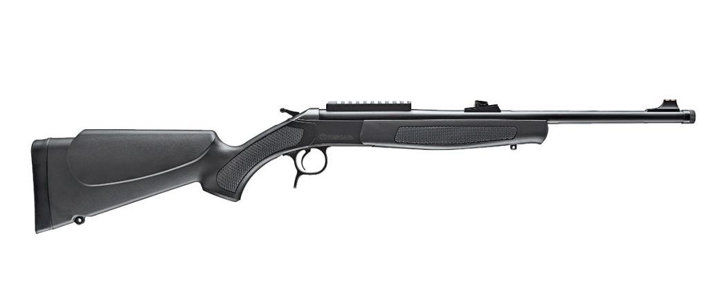 Rifle negro con acabado texturizado, montaje de mira y diseño de un solo disparo sobre fondo blanco.