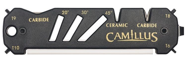 Afilador de cuchillos negro con varios ángulos de afilado y la marca 