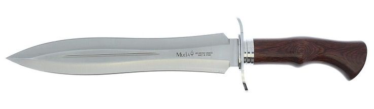 Cuchillo grande de plata con mango marrón y guarda de plata.