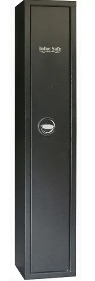 Caja fuerte para armas de metal negro con cerradura y nombre de marca.