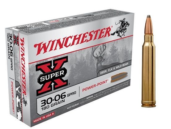 Caja de munición Winchester Super X 30-06 Springfield de 180 granos, junto a una bala. Caja gris con texto en rojo y negro.