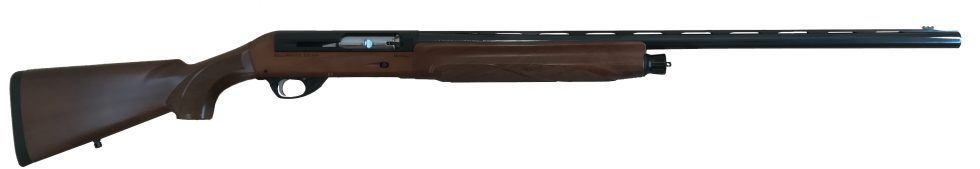 Se muestra una escopeta marrón con un cañón negro sobre un fondo blanco.