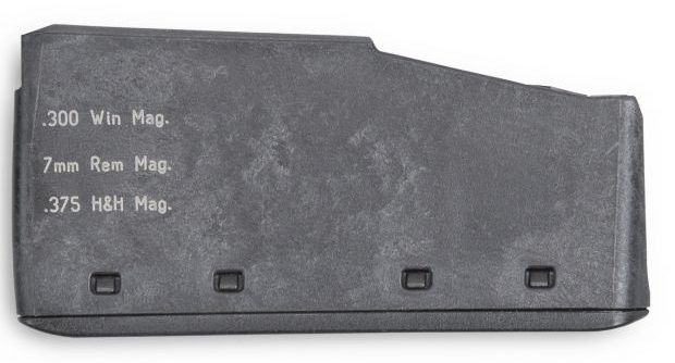 Cargador de arma de fuego de metal oscuro con marcas de calibre de munición: .300 Win Mag, 7 mm Rem Mag, .375 H&H Mag.