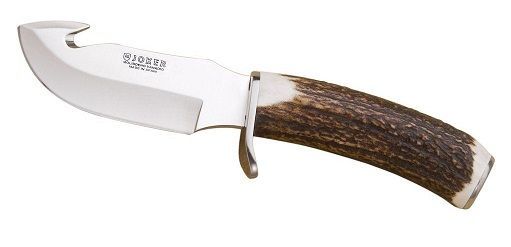 Cuchillo de caza con mango de asta de ciervo y hoja curva.