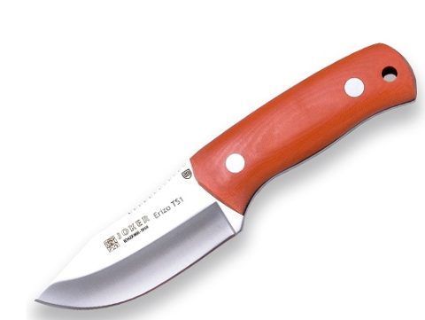 Cuchillo pequeño de hoja fija con mango naranja y hoja plateada.