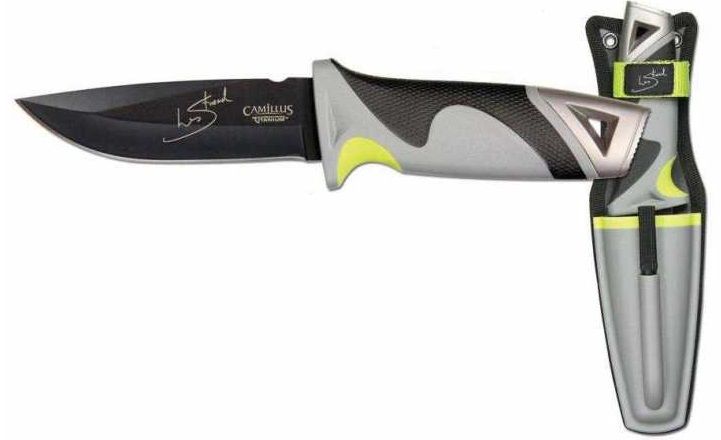 Cuchillo de buceo negro en funda gris con detalles en amarillo neón.