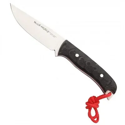 Cuchillo de supervivencia con mango negro y cordón rojo.