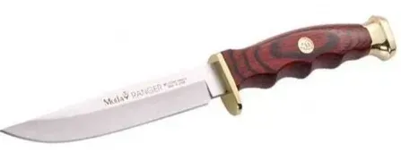 Un cuchillo de caza con mango de madera, empuñadura de oro y hoja de plata.