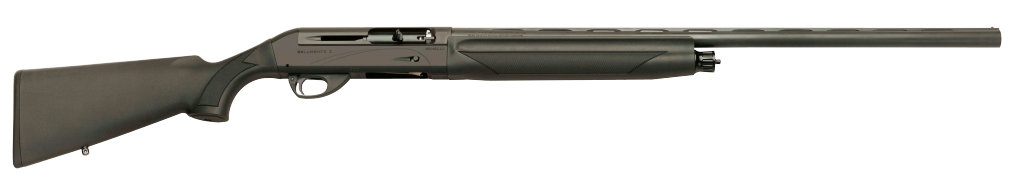 Una escopeta de color oscuro sobre un fondo blanco.