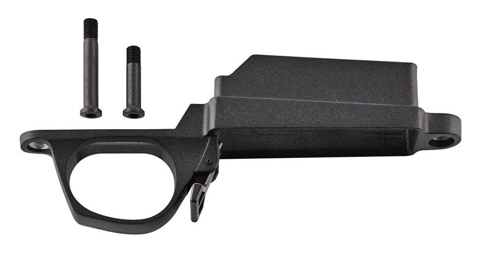 Fondo de rifle de metal negro con tornillos de montaje.