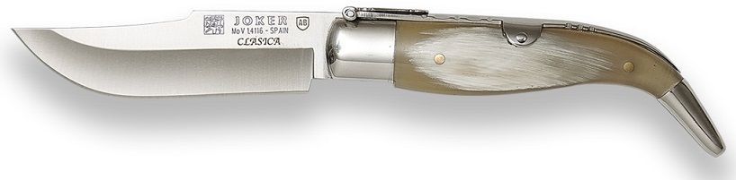 Navaja plegable plateada con hoja curva y mango claro. La hoja está parcialmente abierta.