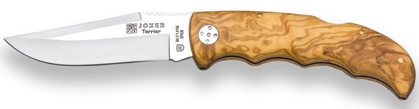 Una navaja de bolsillo plegable con mango de madera y hoja plateada, abierta en ángulo.