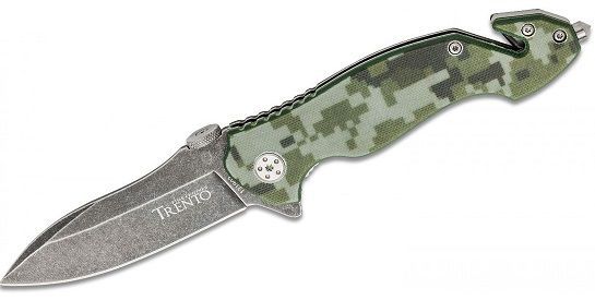 Navaja plegable con mango de camuflaje, hoja desgastada y gancho de rescate.