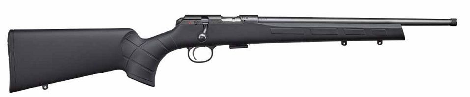 Rifle de cerrojo negro con culata, gatillo y cañón con veta de madera, colocado horizontalmente.