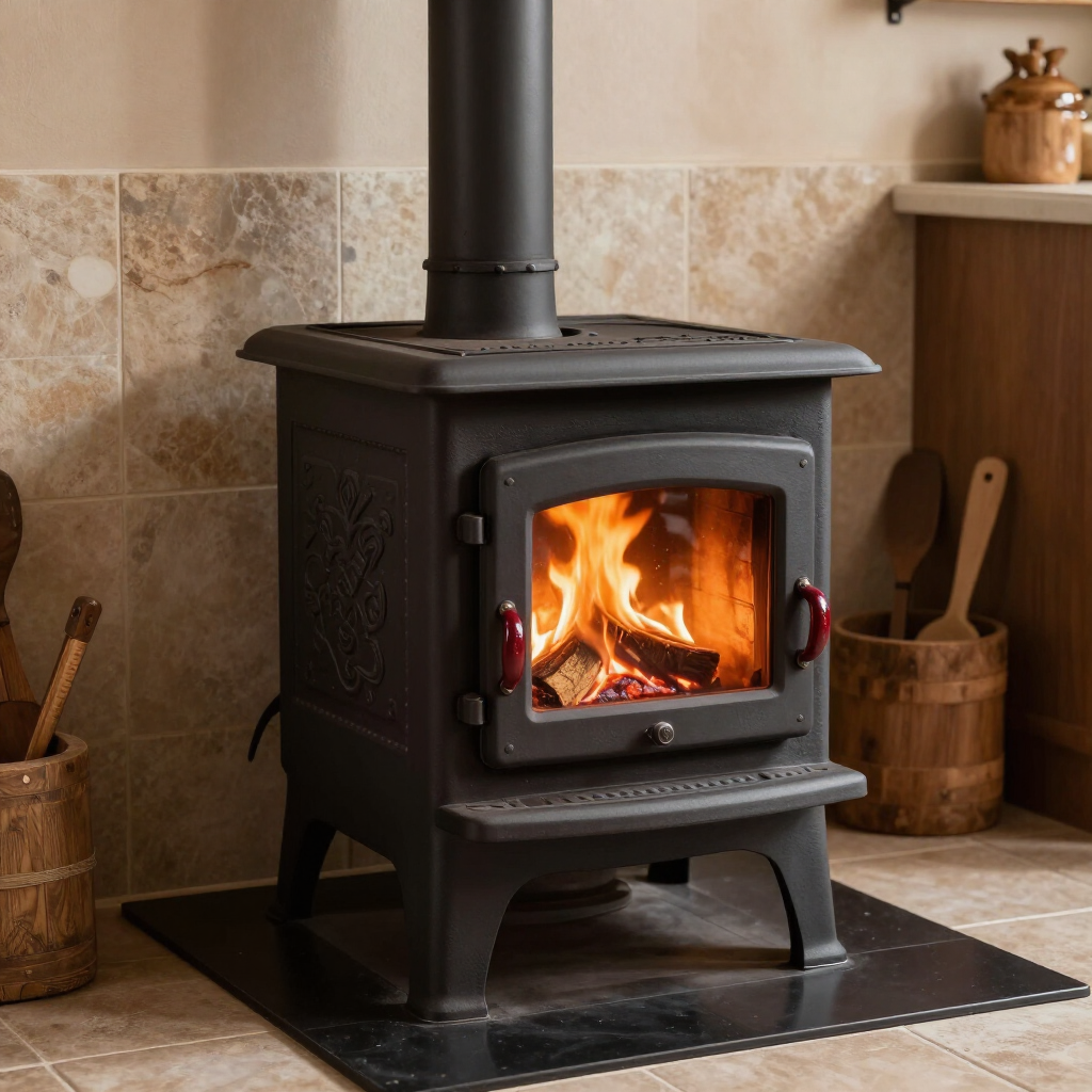 Poêle à bois noir avec un feu crépitant dans une pièce carrelée confortable.