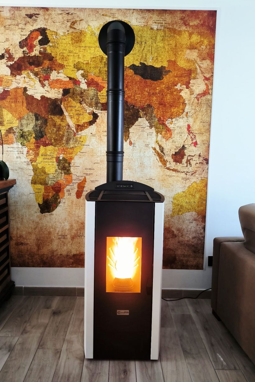 Poêle à granulés de bois noir avec un feu incandescent dans un salon, placé devant une carte du monde colorée accrochée au mur.