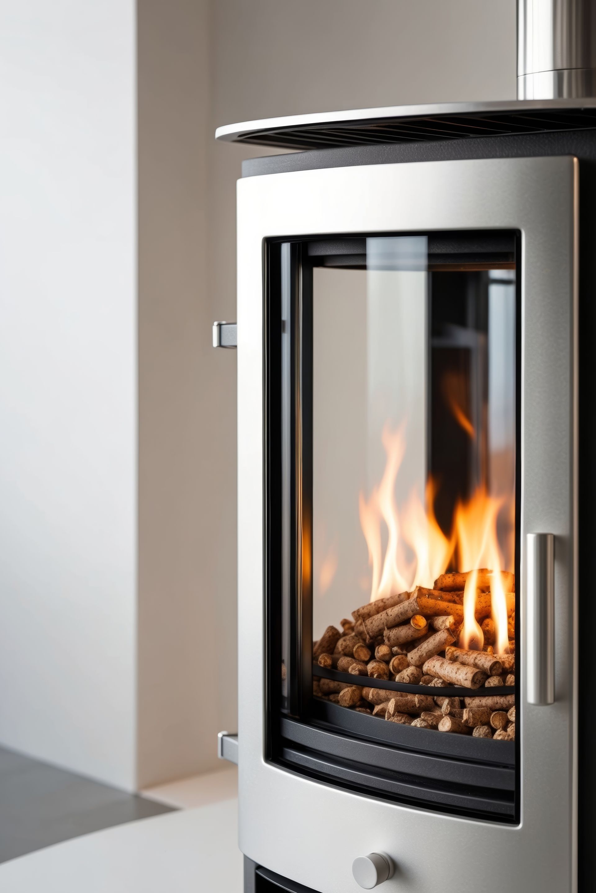 Poêle à bois moderne argenté avec porte vitrée laissant apparaître une flamme et des granulés.