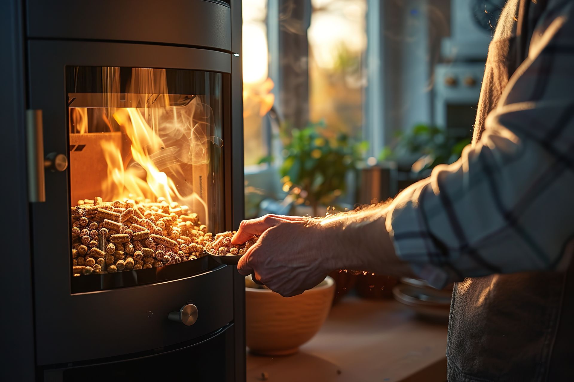 Personne s'occupant d'un poêle à bois allumé avec un feu crépitant dans une pièce confortable.