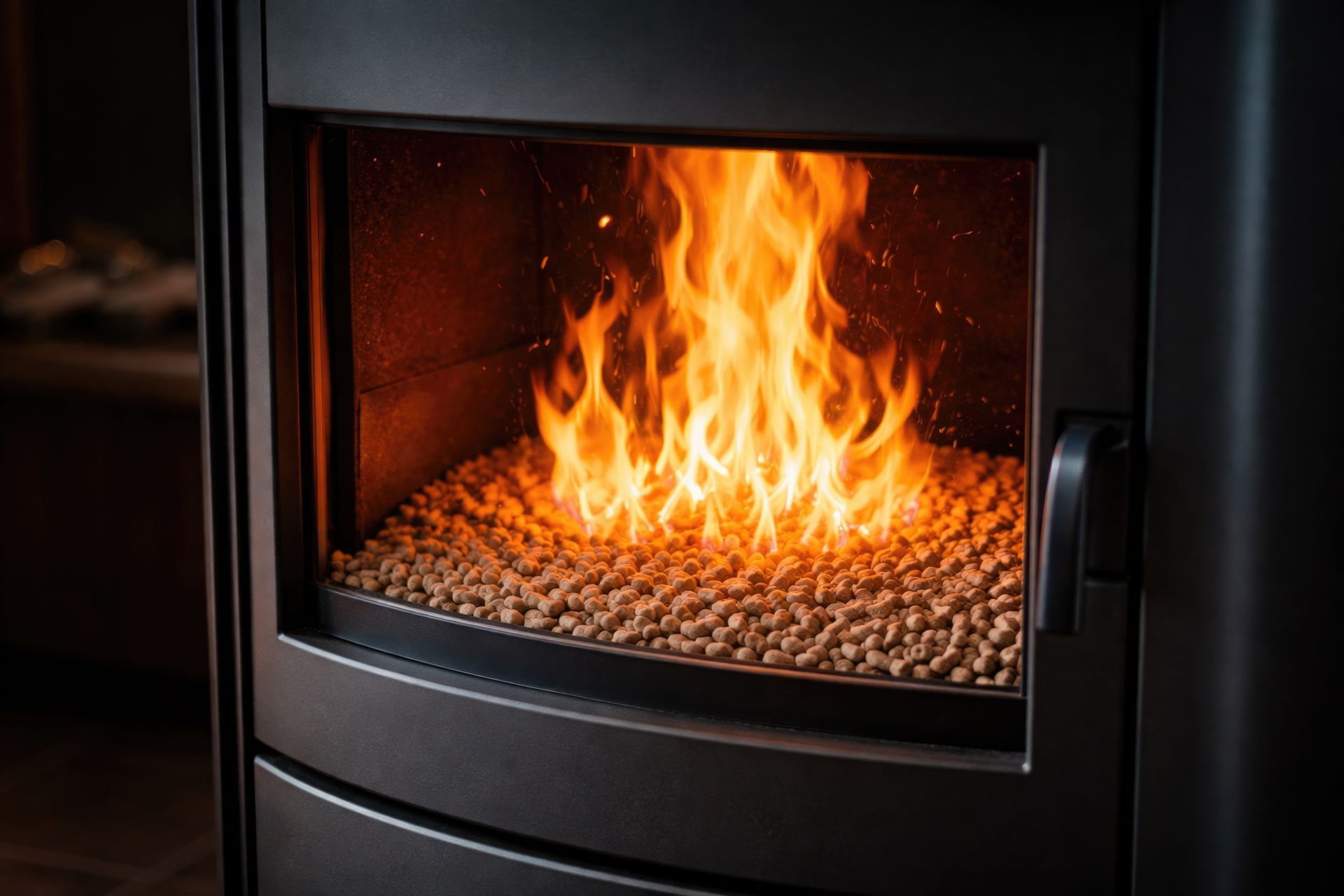 Poêle à bois moderne avec des flammes orange vif et des braises incandescentes.