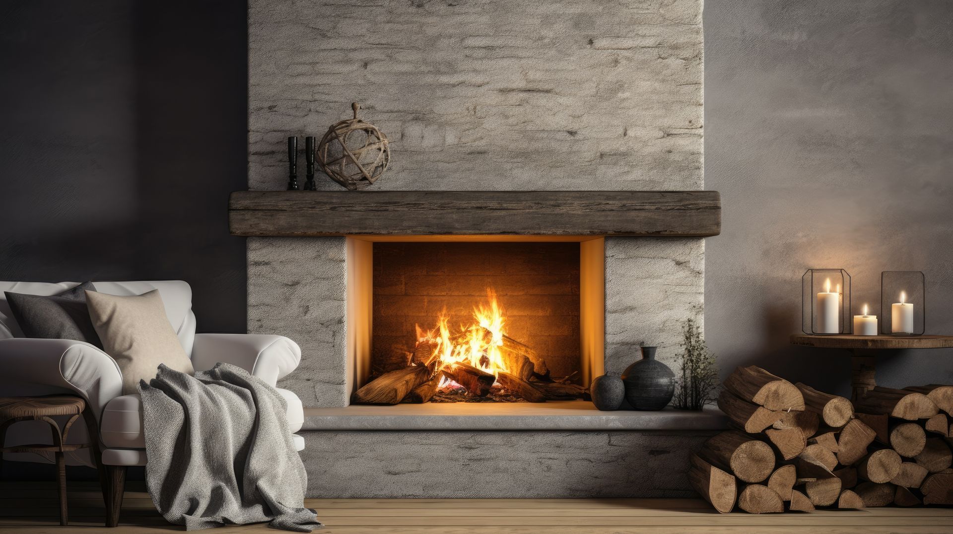 Cheminée en pierre chaleureuse avec un feu crépitant, des bûches empilées, des bougies et un canapé gris recouvert de couvertures.