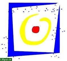 Abstrakte Zeichnung einer gelben Spirale um einen roten Punkt auf einem weissen Quadrat mit blauem Rand