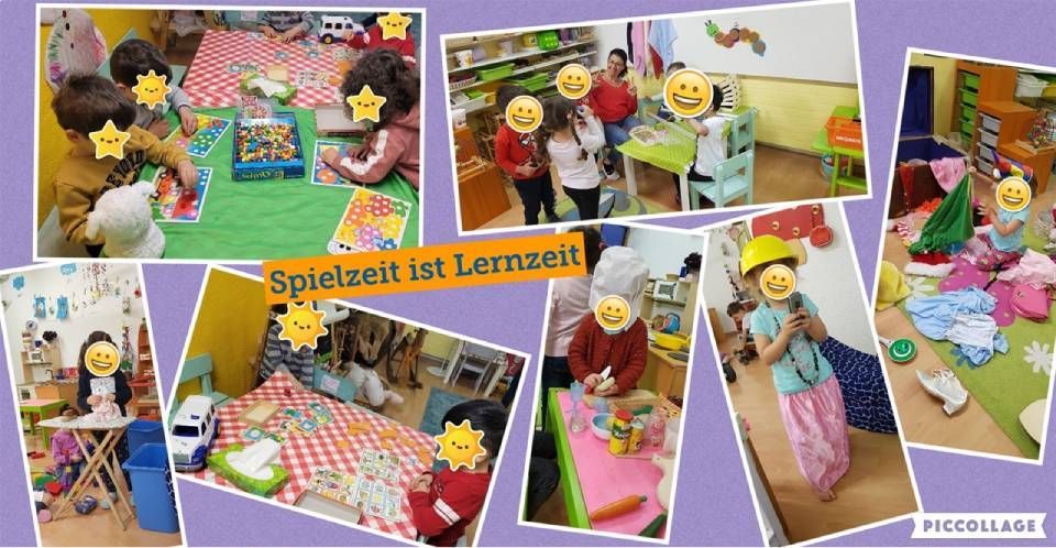 Collage aus farbenfrohen Spielzeugszenen mit Puppen, Blumen, einem Picknick-Setup und dem Text „Spielzeit ist Lernzeit“
