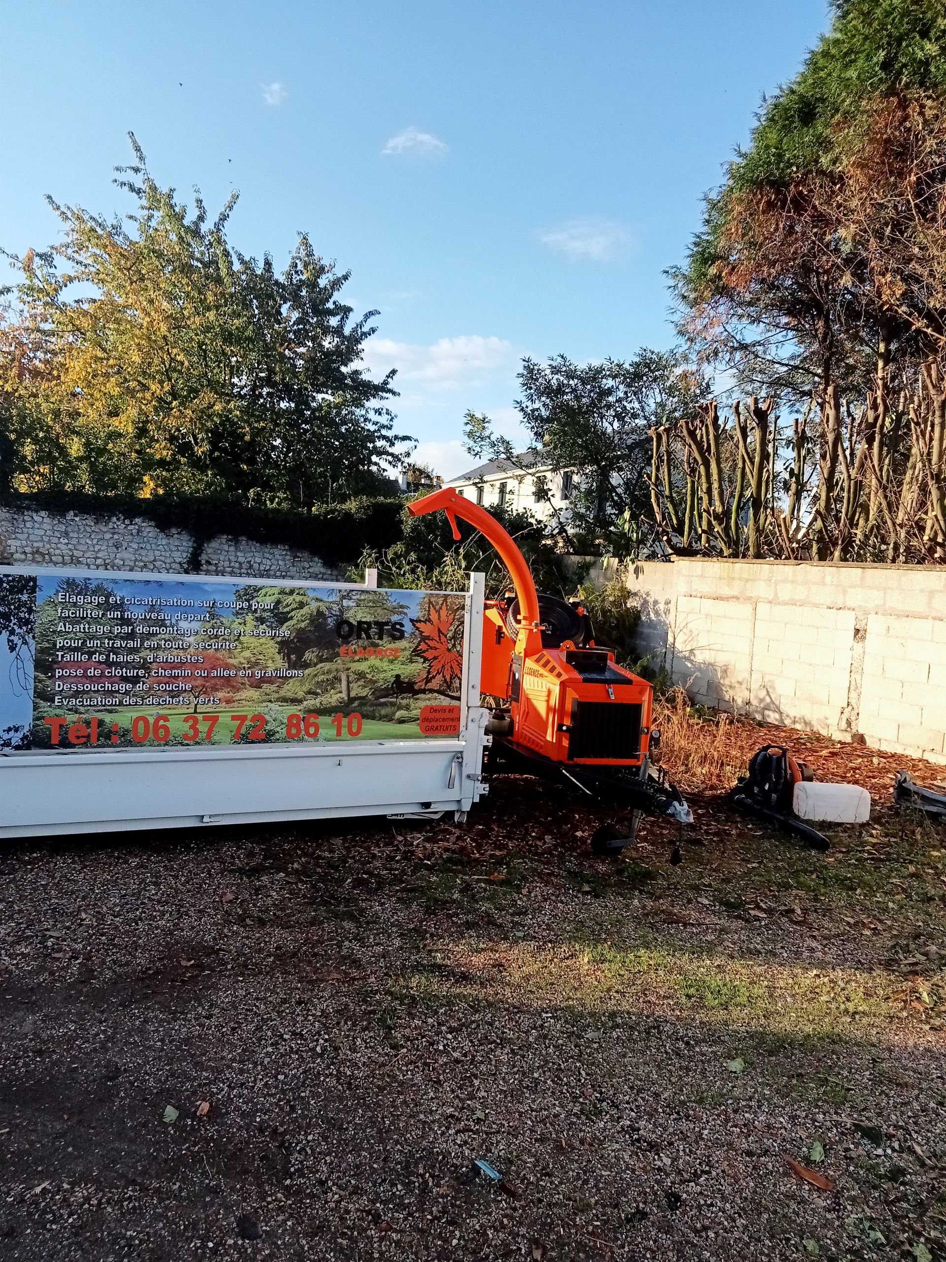 Enlèvement de bois morts dans une benne avec un panneau promotionnel